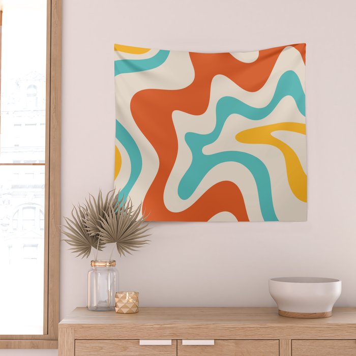 Retro Liquid Swirl Abstract Pattern Square in Mid Century Modern Burnt Orange, Teal Blue, Mustard Yellow, and Beige Wall Tapestry Gallery Image 2
