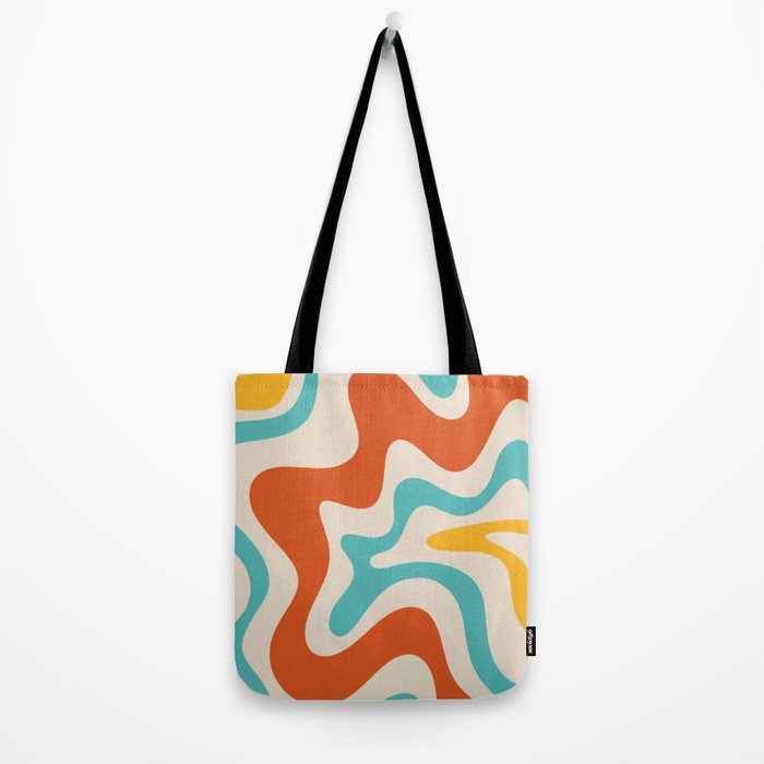 Retro Liquid Swirl Abstract Pattern Square in Mid Century Modern Burnt Orange, Teal Blue, Mustard Yellow, and Beige Tote Bag Gallery Image 2
