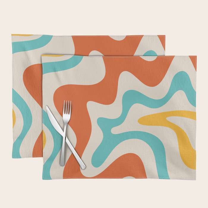 Retro Liquid Swirl Abstract Pattern Square in Mid Century Modern Burnt Orange, Teal Blue, Mustard Yellow, and Beige Placemat Gallery Image 1