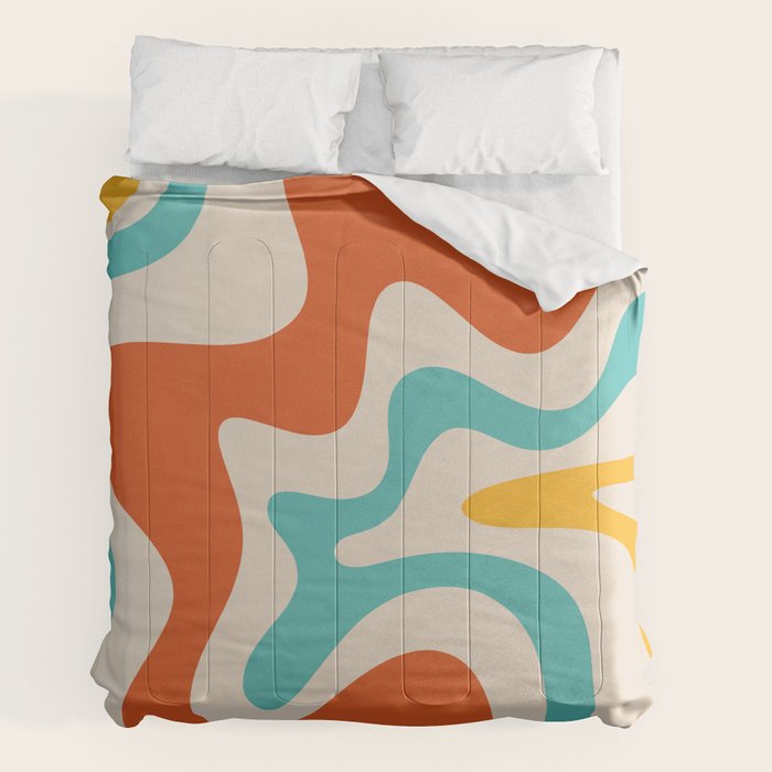 Retro Liquid Swirl Abstract Pattern Square in Mid Century Modern Burnt Orange, Teal Blue, Mustard Yellow, and Beige Comforter Gallery Image 2