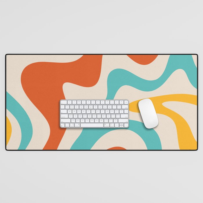 Retro Liquid Swirl Abstract Pattern Square in Mid Century Modern Burnt Orange, Teal Blue, Mustard Yellow, and Beige Desk Mat Gallery Image 1