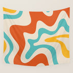 Retro Liquid Swirl Abstract Pattern Square in Mid Century Modern Burnt Orange, Teal Blue, Mustard Yellow, and Beige Wall Tapestry Gallery Image 4