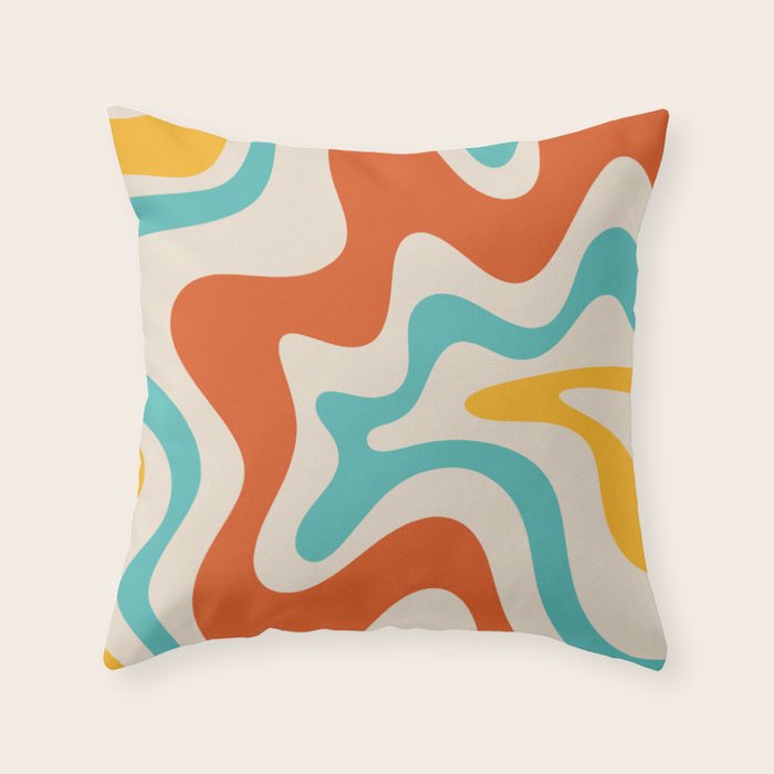 Retro Liquid Swirl Abstract Pattern Square in Mid Century Modern Burnt Orange, Teal Blue, Mustard Yellow, and Beige Throw Pillow Gallery Image 1