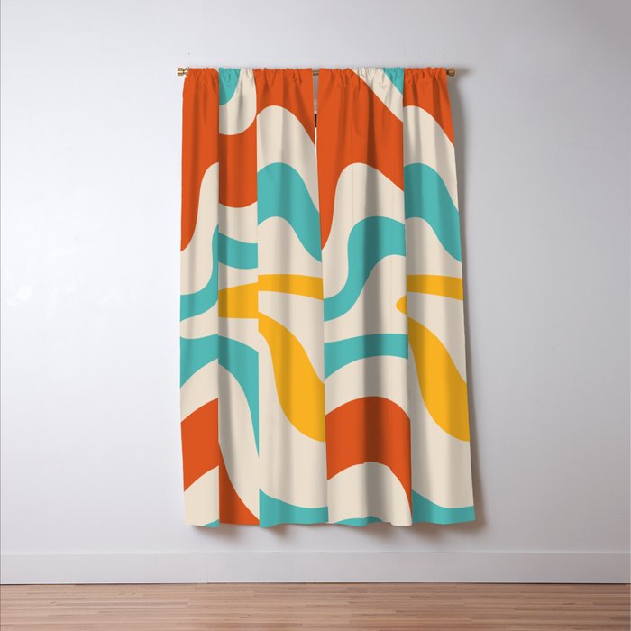 Retro Liquid Swirl Abstract Pattern Square in Mid Century Modern Burnt Orange, Teal Blue, Mustard Yellow, and Beige Window Curtain Gallery Image 3