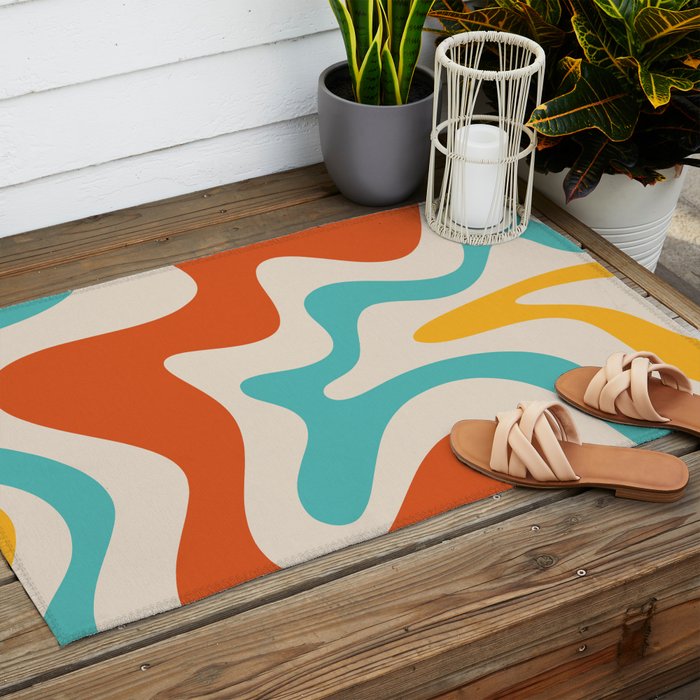 Retro Liquid Swirl Abstract Pattern Square in Mid Century Modern Burnt Orange, Teal Blue, Mustard Yellow, and Beige Outdoor Rug Gallery Image 2