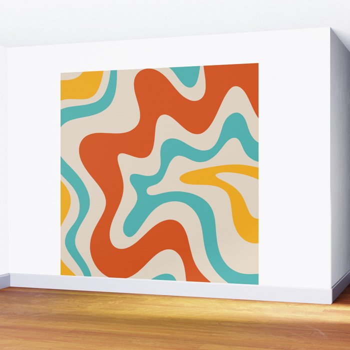 Retro Liquid Swirl Abstract Pattern Square in Mid Century Modern Burnt Orange, Teal Blue, Mustard Yellow, and Beige Wall Mural Gallery Image 2