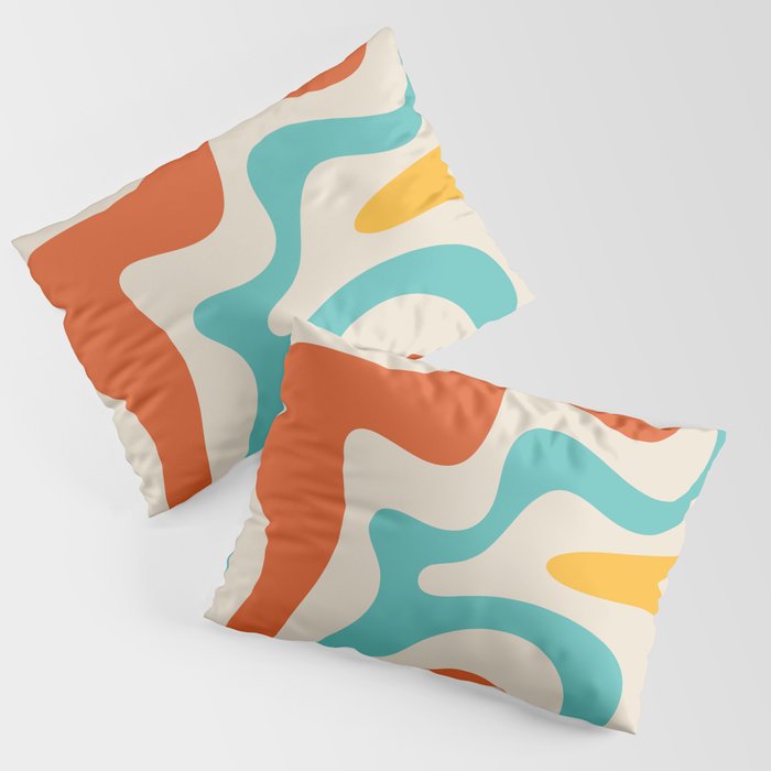 Retro Liquid Swirl Abstract Pattern Square in Mid Century Modern Burnt Orange, Teal Blue, Mustard Yellow, and Beige Pillow Sham Gallery Image 1