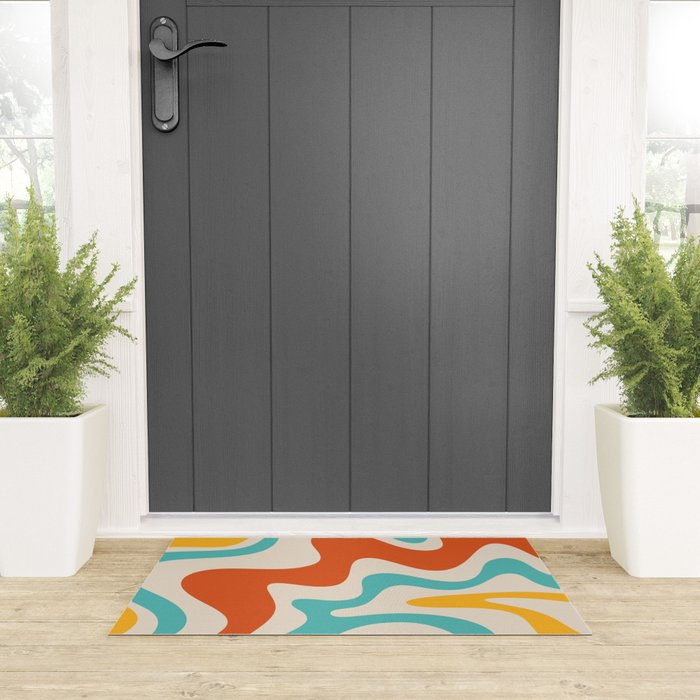 Retro Liquid Swirl Abstract Pattern Square in Mid Century Modern Burnt Orange, Teal Blue, Mustard Yellow, and Beige Welcome Mat Gallery Image 3