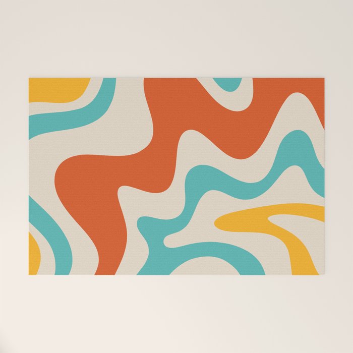 Retro Liquid Swirl Abstract Pattern Square in Mid Century Modern Burnt Orange, Teal Blue, Mustard Yellow, and Beige Welcome Mat Gallery Image 1