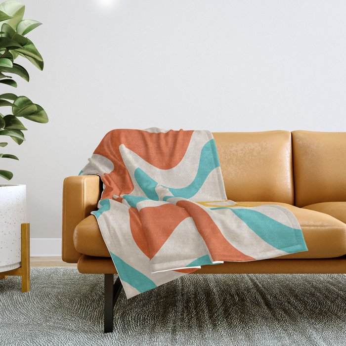 Retro Liquid Swirl Abstract Pattern Square in Mid Century Modern Burnt Orange, Teal Blue, Mustard Yellow, and Beige Throw Blanket Gallery Image 1