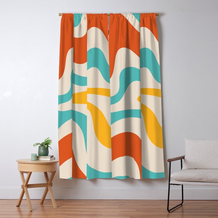 Retro Liquid Swirl Abstract Pattern Square in Mid Century Modern Burnt Orange, Teal Blue, Mustard Yellow, and Beige Window Curtain Gallery Image 1