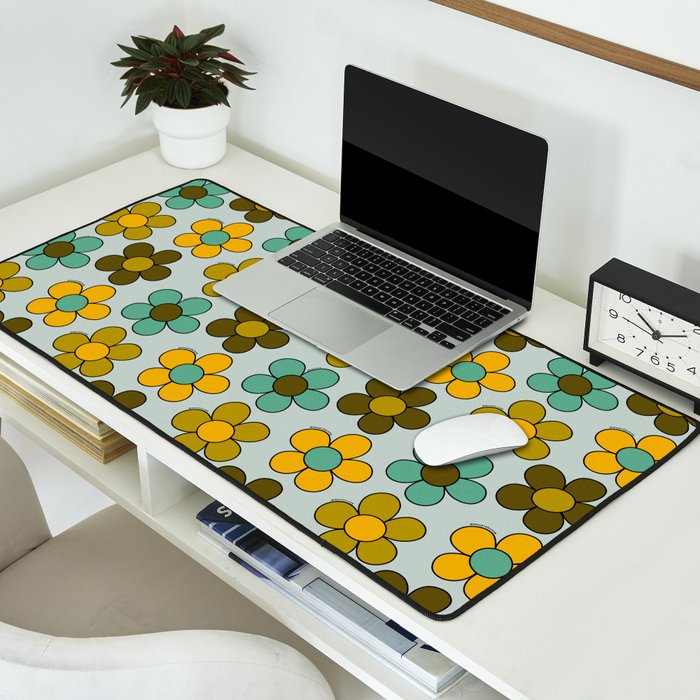 Groovy Flowers Print in Blue Desk Mat Gallery Image 2