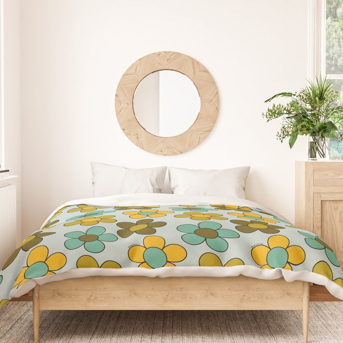 Groovy Flowers Print in Blue Duvet Cover Gallery Image 3
