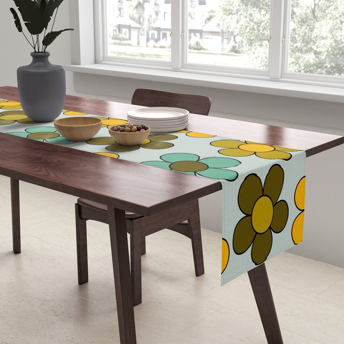 Groovy Flowers Print in Blue Table Runner Gallery Image 2