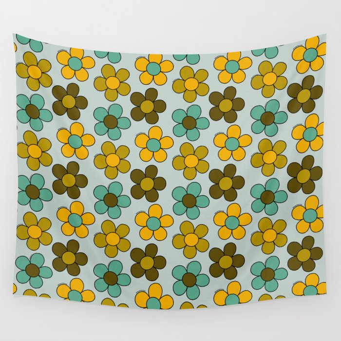 Groovy Flowers Print in Blue Wall Tapestry Gallery Image 1