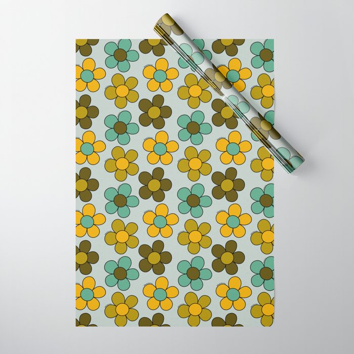 Groovy Flowers Print in Blue Wrapping Paper Gallery Image 1