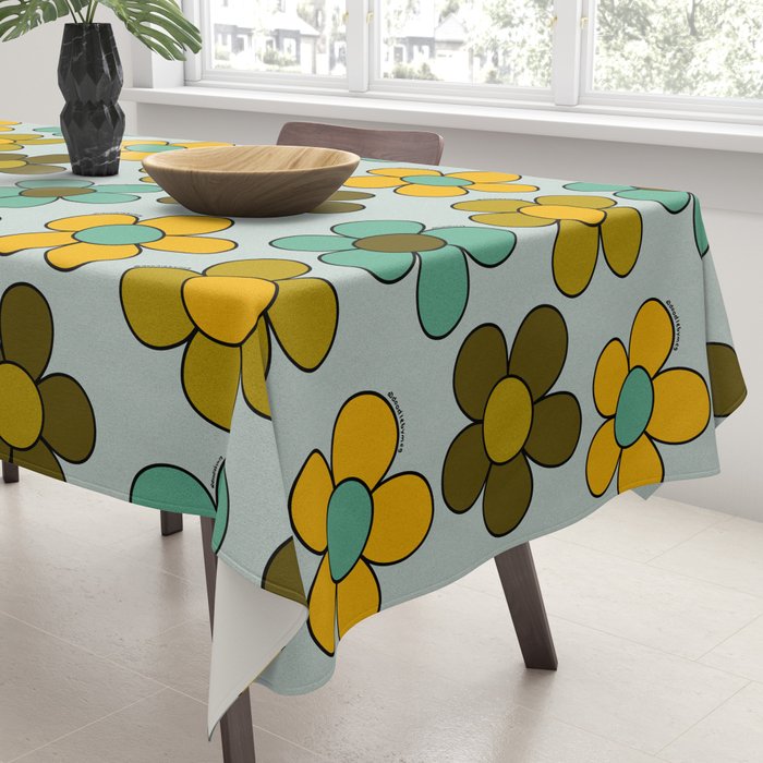 Groovy Flowers Print in Blue Tablecloth Gallery Image 3