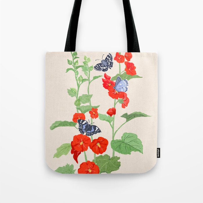 Hollyhock and Butterflies Tote Bag Gallery Image 1