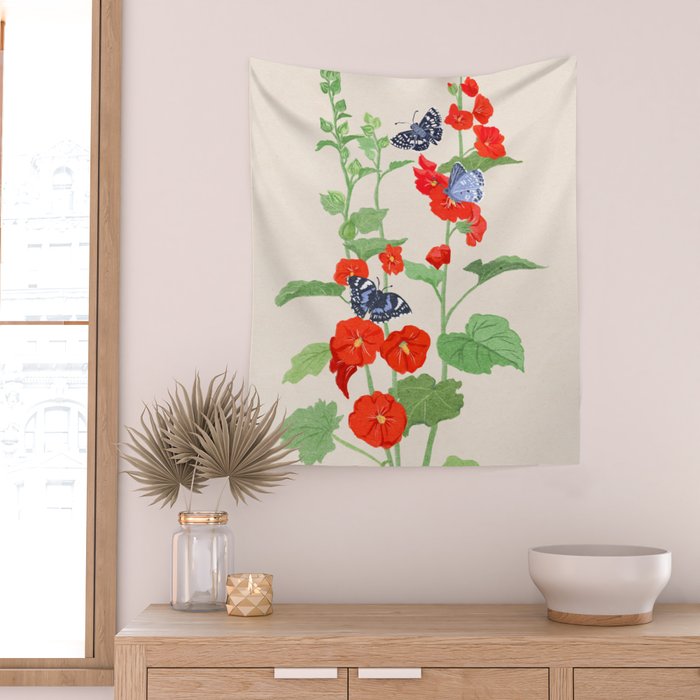 Hollyhock and Butterflies Wall Tapestry Gallery Image 2