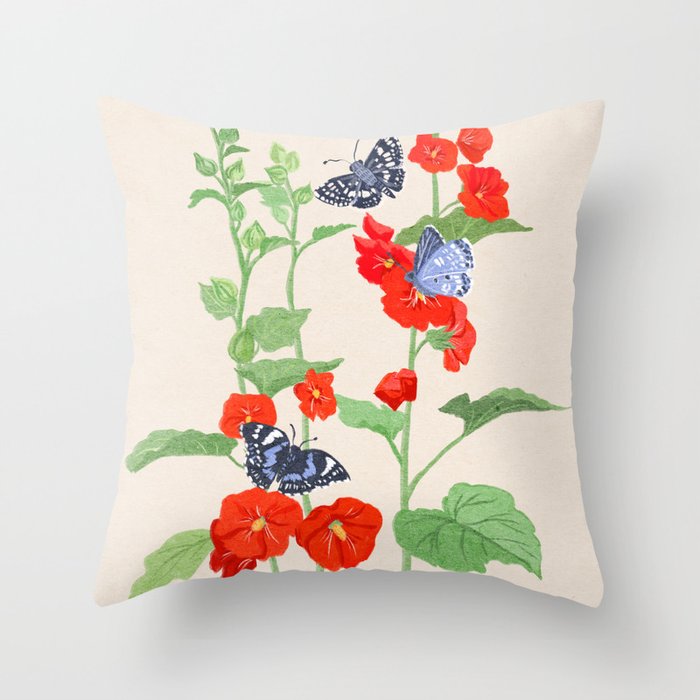 Hollyhock and Butterflies Throw Pillow Gallery Image 6