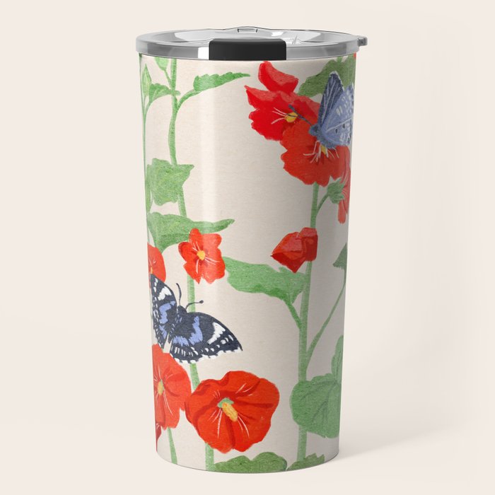 Hollyhock and Butterflies Travel Mug Gallery Image 1