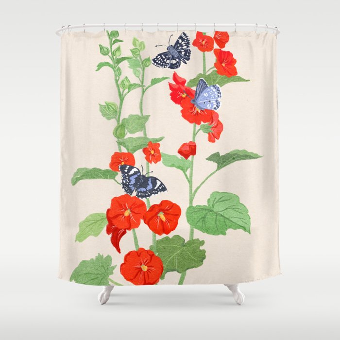 Hollyhock and Butterflies Shower Curtain Gallery Image 1