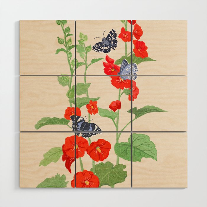 Hollyhock and Butterflies Wood Wall Art Gallery Image 1