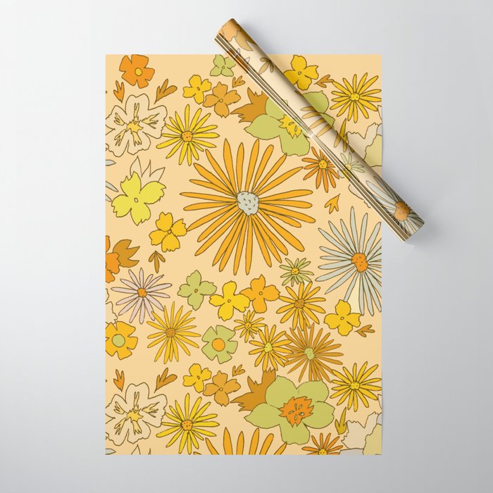 flower power wildflowers brown // retro art by surfy birdy Wrapping Paper Gallery Image 1