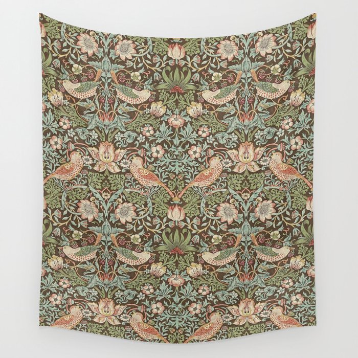 William Morris Strawberry Thief Detail Brown Chocolate Slate Wall Tapestry Gallery Image 4