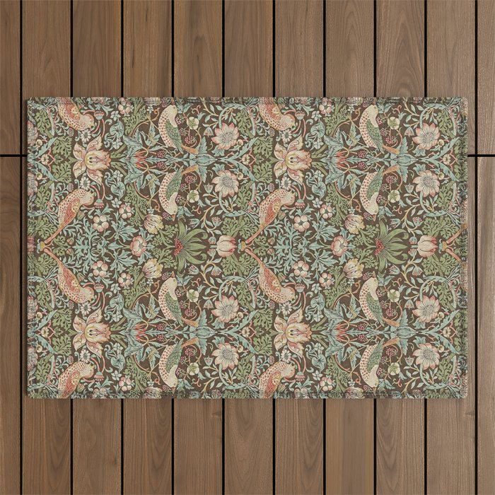 William Morris Strawberry Thief Detail Brown Chocolate Slate Outdoor Rug Gallery Image 1