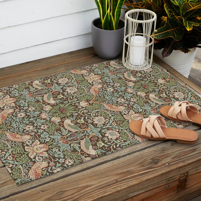 William Morris Strawberry Thief Detail Brown Chocolate Slate Outdoor Rug Gallery Image 2