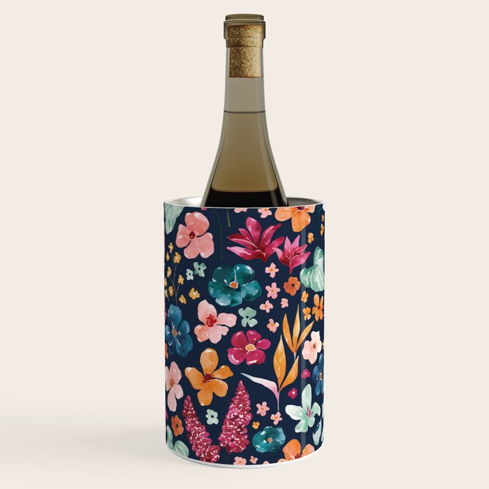 Colorful Tropical Jungle Watercolor Botanical Floral on Navy Blue Wine Chiller Gallery Image 2