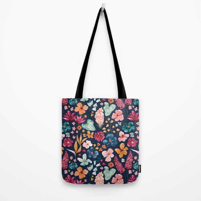 Colorful Tropical Jungle Watercolor Botanical Floral on Navy Blue Tote Bag Gallery Image 2
