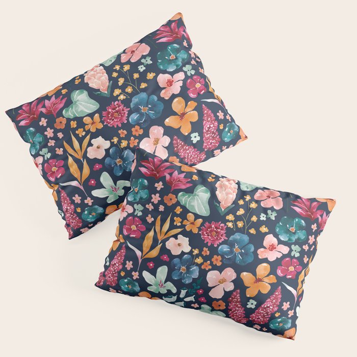 Colorful Tropical Jungle Watercolor Botanical Floral on Navy Blue Pillow Sham Gallery Image 1