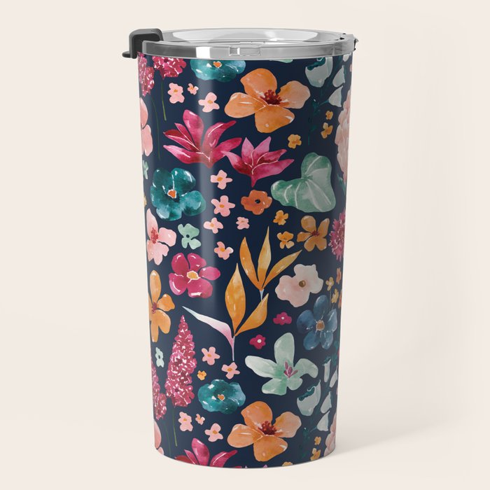 Colorful Tropical Jungle Watercolor Botanical Floral on Navy Blue Travel Mug Gallery Image 3