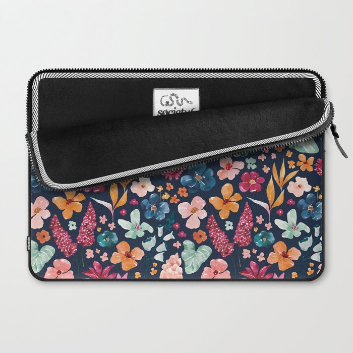 Colorful Tropical Jungle Watercolor Botanical Floral on Navy Blue Laptop Sleeve Gallery Image 2
