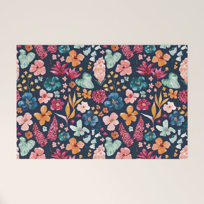 Colorful Tropical Jungle Watercolor Botanical Floral on Navy Blue Welcome Mat Gallery Image 1