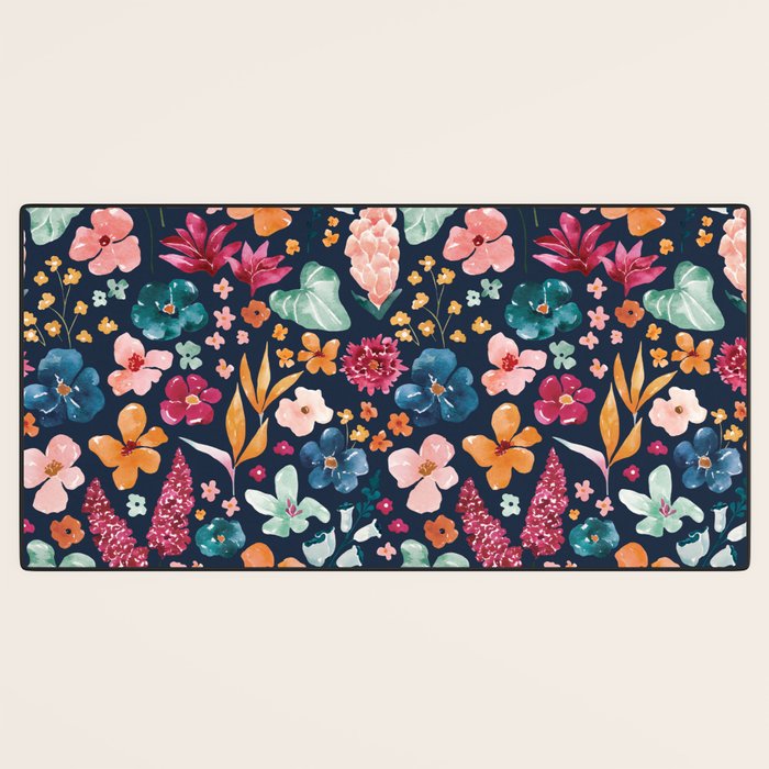 Colorful Tropical Jungle Watercolor Botanical Floral on Navy Blue Desk Mat Gallery Image 3