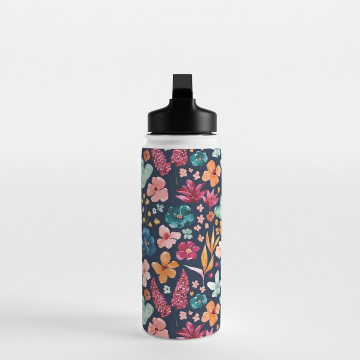 Colorful Tropical Jungle Watercolor Botanical Floral on Navy Blue Water Bottle Gallery Image 3