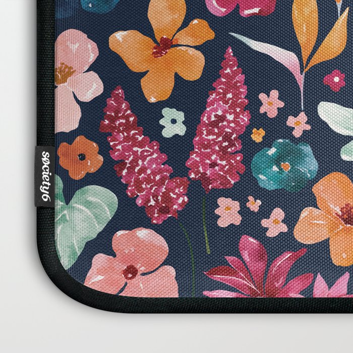 Colorful Tropical Jungle Watercolor Botanical Floral on Navy Blue Laptop Sleeve Gallery Image 3