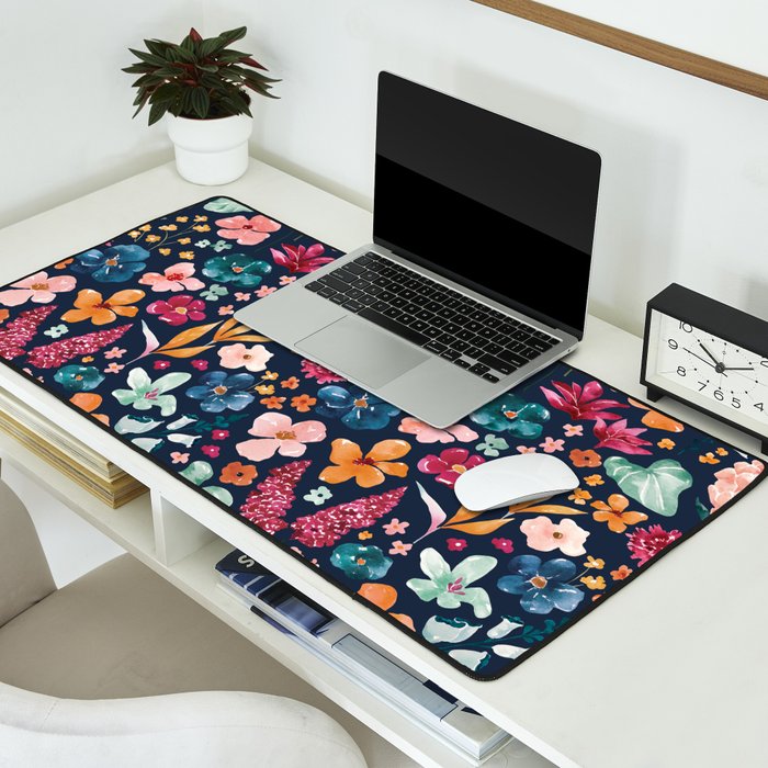 Colorful Tropical Jungle Watercolor Botanical Floral on Navy Blue Desk Mat Gallery Image 2
