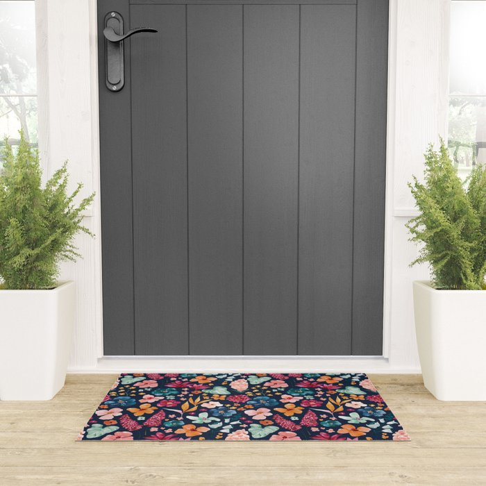 Colorful Tropical Jungle Watercolor Botanical Floral on Navy Blue Welcome Mat Gallery Image 3