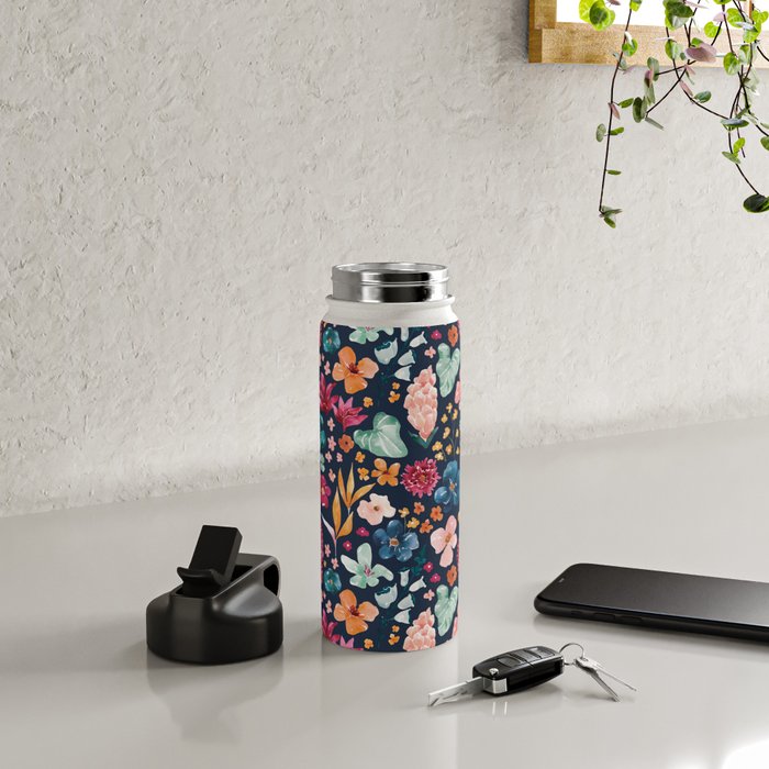 Colorful Tropical Jungle Watercolor Botanical Floral on Navy Blue Water Bottle Gallery Image 4