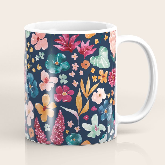 Colorful Tropical Jungle Watercolor Botanical Floral on Navy Blue Coffee Mug Gallery Image 1