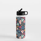 Colorful Tropical Jungle Watercolor Botanical Floral on Navy Blue Water Bottle Gallery Image 1