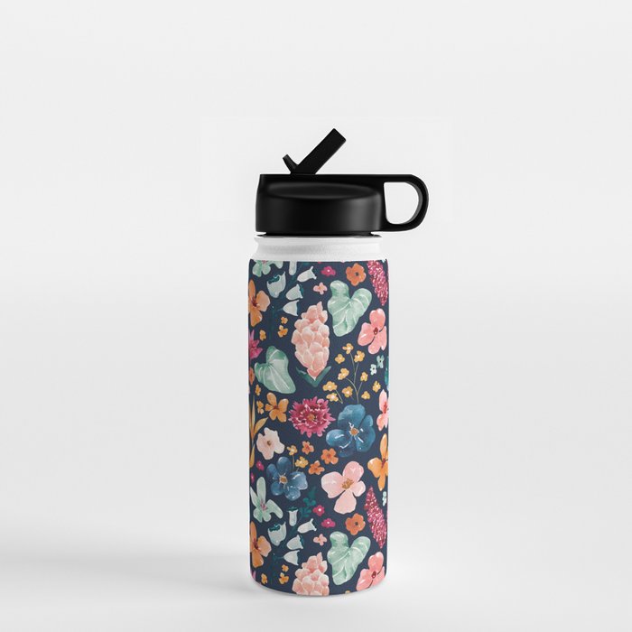 Colorful Tropical Jungle Watercolor Botanical Floral on Navy Blue Water Bottle Gallery Image 1