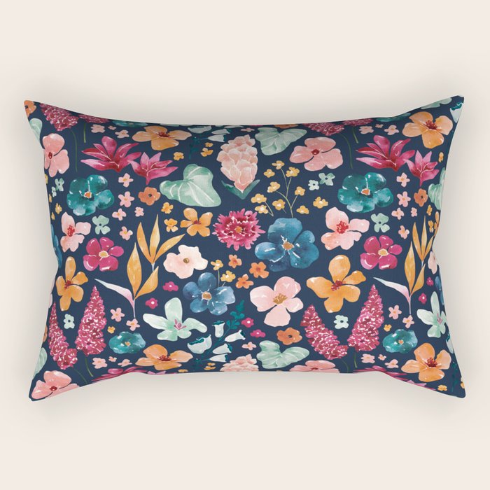 Colorful Tropical Jungle Watercolor Botanical Floral on Navy Blue Rectangular Pillow Gallery Image 2