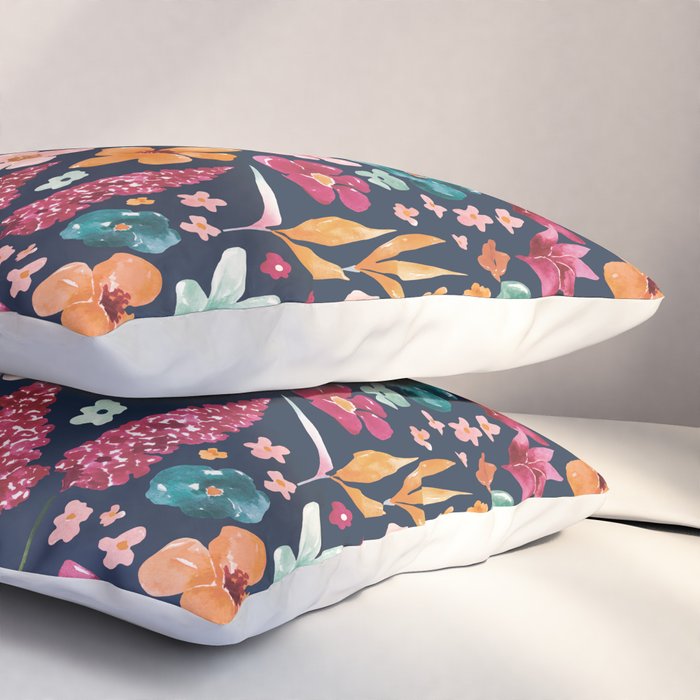 Colorful Tropical Jungle Watercolor Botanical Floral on Navy Blue Pillow Sham Gallery Image 3