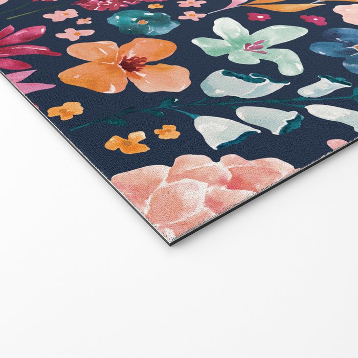 Colorful Tropical Jungle Watercolor Botanical Floral on Navy Blue Welcome Mat Gallery Image 2