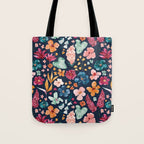 Colorful Tropical Jungle Watercolor Botanical Floral on Navy Blue Tote Bag Gallery Image 1